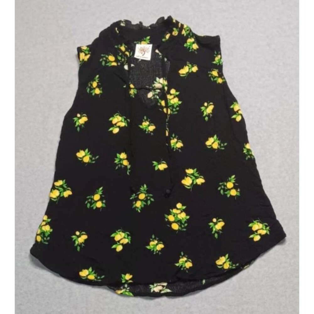 Self Esteem Womens Small Lemon Print Sleeveless Blouse Black Yellow Boho Summer